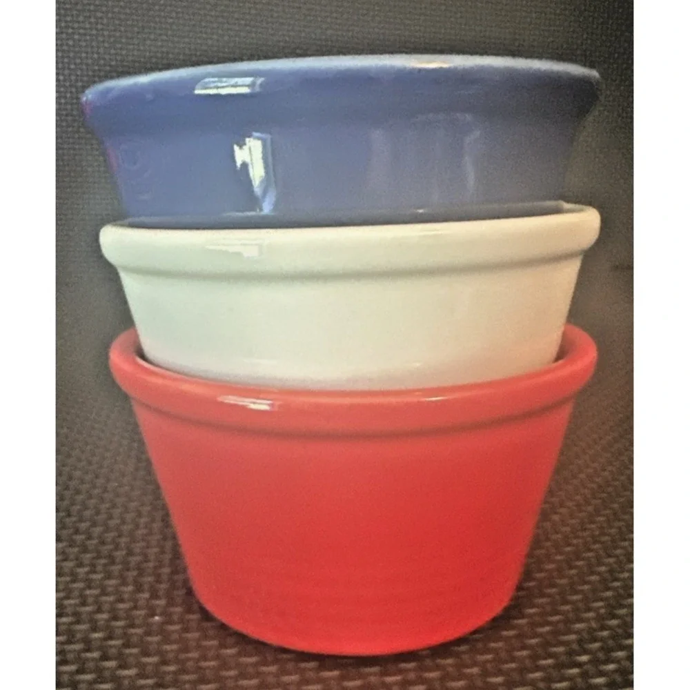 Chantal Red/White/Blue Ceramic Ramekins Custard Cups Set of 3, 1 Cup Size Each